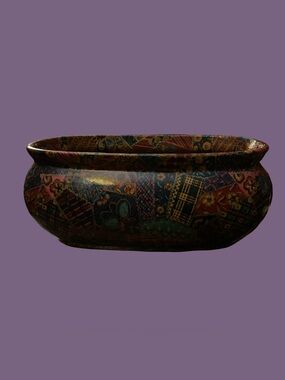 NAPCO Oval Decorative Bowl-Dark Green, Blue, Gold, & Red Patchwork-Glossy